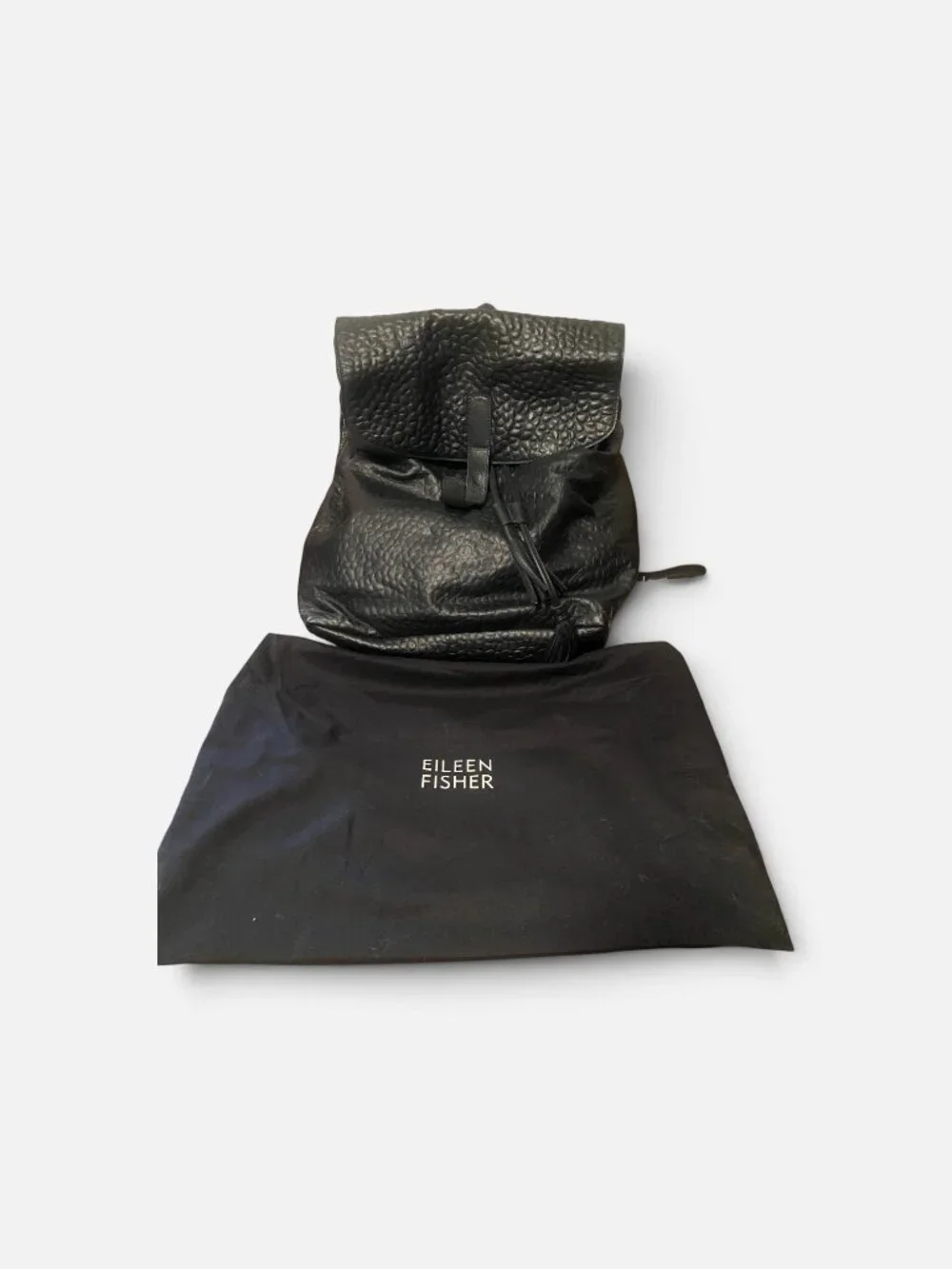 NWT Eileen Fisher Black Pebbled Leather Tassel Backpack- includes dustbag